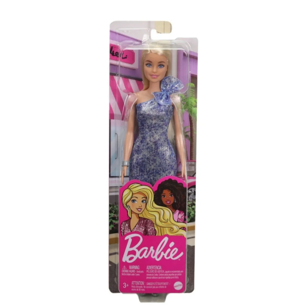 Barbie Mattel silver blue 1 shoulder sparkle dress blonde hair but eyes NIP